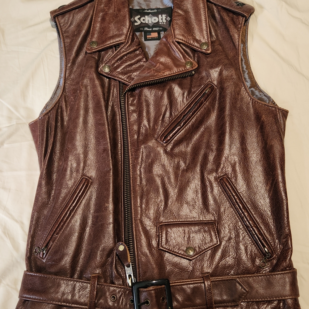 Scott Brown Leather Motorcycle Vest with Asymmetrical Zipper